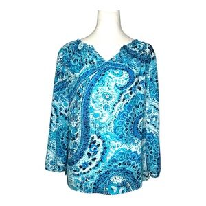 Talbots Women's 3/4 Sleeve Vibrant Blue Paisley Print Blouse‎ Size Large